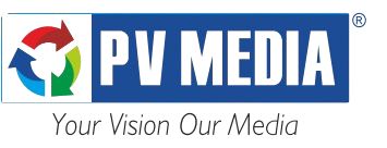 Logo for PV Media featuring a circular graphic with red, blue, and green arrows, next to the bold text PV MEDIA. Below, in italics, is the tagline Your Vision Our Media.