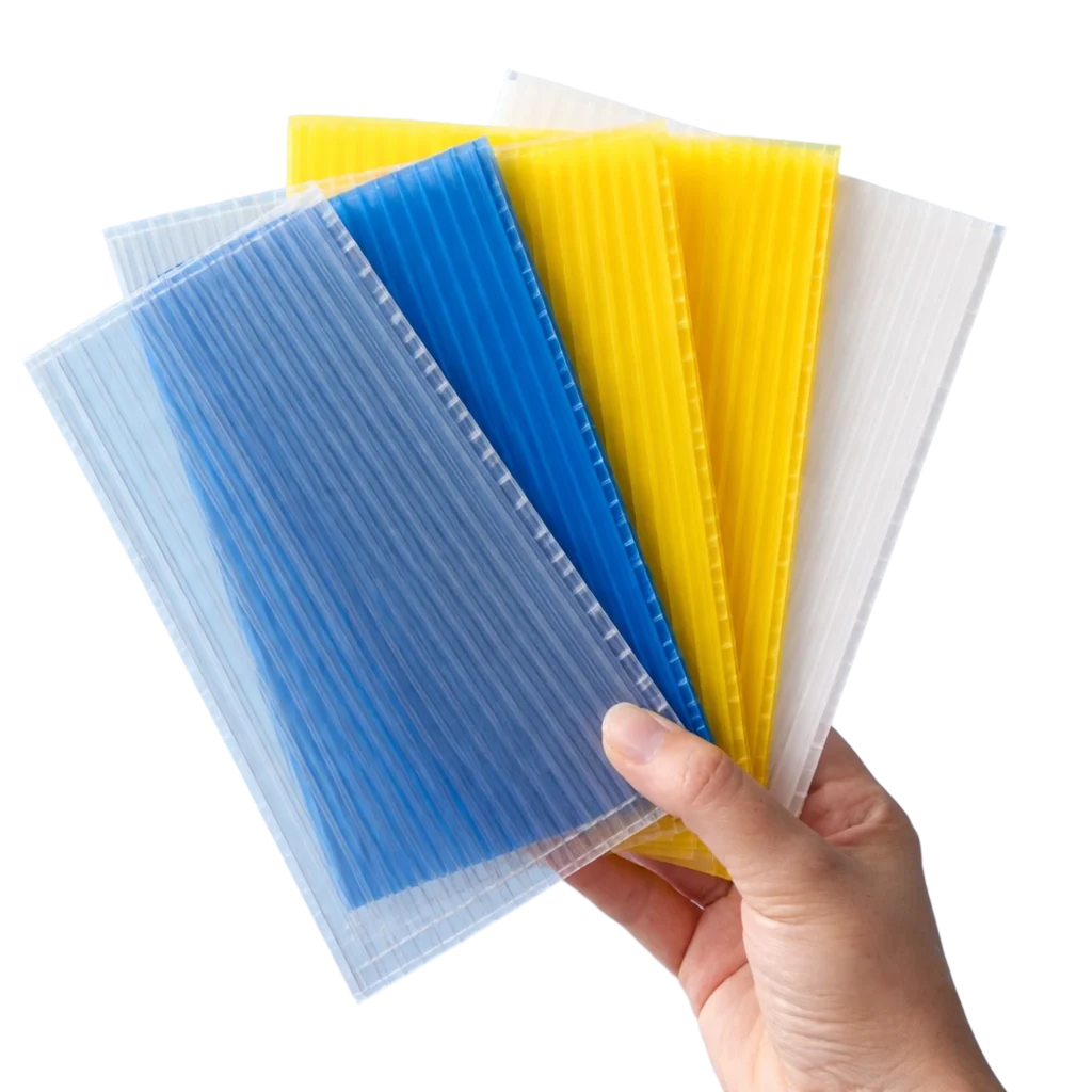A hand holds five translucent, corrugated plastic sheets fanned out. The sheets are colored blue, yellow, and clear, with two shades of blue and two shades of yellow visible. The background is black.