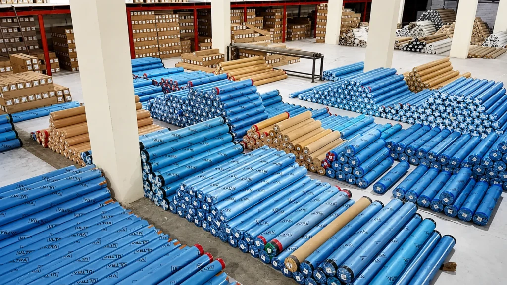 Warehouse interior shows stacks of blue-wrapped and brown-paper-wrapped rolls of 'ULTRA' material.