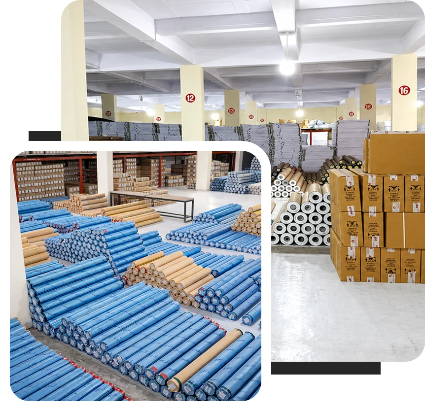 Warehouse interior shows stacked rolls of blue-wrapped media, brown paper rolls, and boxes on shelves.